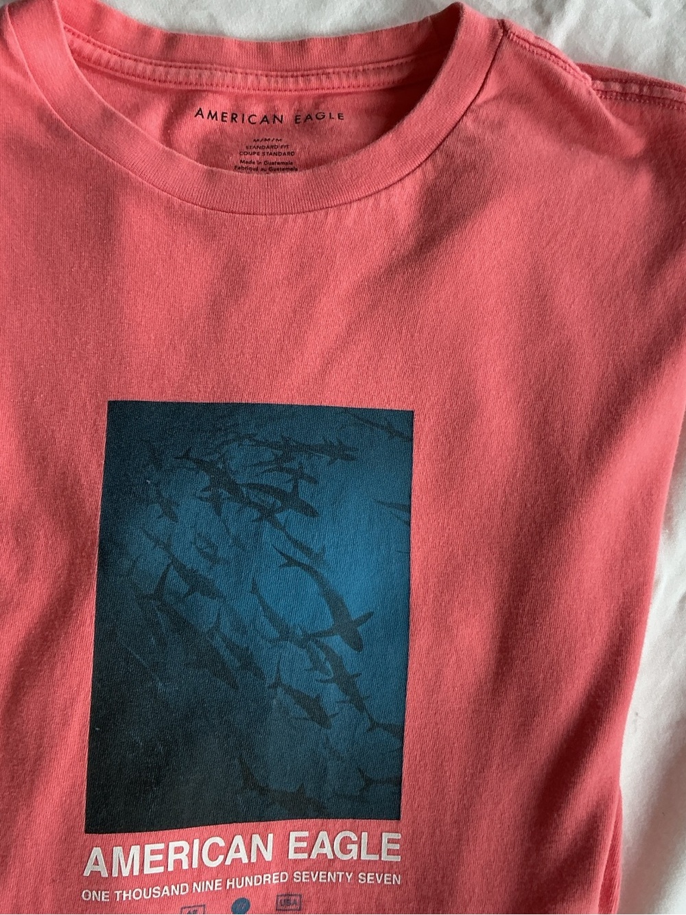 American Eagle Outfitters Coral Tee with Navy Shark Graphic